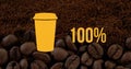 A yellow coffee cup icon rests on a bed of coffee beans Royalty Free Stock Photo