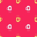 Yellow Coffee cup with 8 March icon isolated seamless pattern on red background. Tea cup. Hot drink coffee Royalty Free Stock Photo