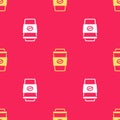 Yellow Coffee cup to go icon isolated seamless pattern on red background. Vector Royalty Free Stock Photo