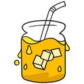 Yellow cold drink in a glass. carton emoticon. doodle icon drawing