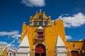 Yellow colonial church with a deep blue sky in Campeche, Mexico. Royalty Free Stock Photo