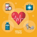 Yellow color background with bubbles and heartbeat rhythm with elements sport healthy lifestyle