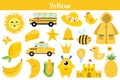 Yellow color objects set. Learning colors for kids. Cute elements collection
