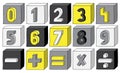 Yellow colour numbers from 0 to 9 with mathematical operations on blocks