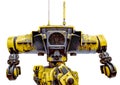 Yellow combat mech in a white background rear view close up