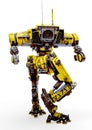 Yellow combat mech in a white background rear view