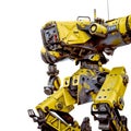 Yellow combat mech in a white background side view close up