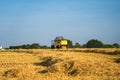 Yellow combine harvester New Holland harvests ripe wheat field. Agriculture in France. Harvesting is the process of Royalty Free Stock Photo