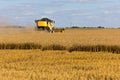 Yellow combine harvester on a wheat field with blue sky Royalty Free Stock Photo