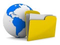 Yellow computer folder and globe on white