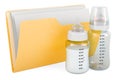 Yellow computer folder icon with baby bottles, 3D rendering