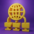 Yellow Computer network icon isolated on purple background. Laptop network. Internet connection. Minimalism concept. 3D Royalty Free Stock Photo