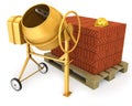 Yellow concrete mixer with helmet and bricks
