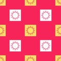 Yellow Condom in package safe sex icon isolated seamless pattern on red background. Safe love symbol. Contraceptive