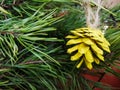 Yellow cone on the Christmas tree. Jewelry with your own hands for birth