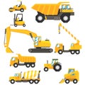 Yellow Construction Cars And Machinery Set Of Colorful Vehicles In REalistic Design Illustrations Royalty Free Stock Photo