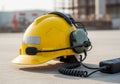 Yellow construction hard hat with an attached headset, including a Royalty Free Stock Photo
