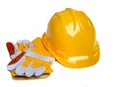 Yellow construction hard hat and gloves Royalty Free Stock Photo