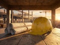 Yellow Construction Hard Hat And Rolled Blueprints On Table At Sunset Royalty Free Stock Photo