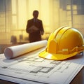 Yellow construction helmet on architectural blueprints, suggesting a planning or Royalty Free Stock Photo