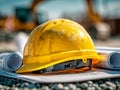 Yellow construction helmet placed on architectural blueprints with rolled plans on a building site background under sunlight Royalty Free Stock Photo