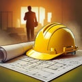 Yellow construction helmet rests on architectural blueprints, with a rolled-up plan beside Royalty Free Stock Photo
