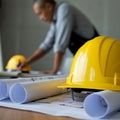 A yellow construction helmet rests on a table covered with architectural blueprints. In Royalty Free Stock Photo