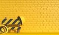 Yellow construction helmet and Closed barrier sign is on a background of a yellow brick wall. Monochrome illustration with copy sp