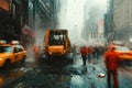 A yellow construction vehicle drives through a crowded street in New York City during a heavy downpour. The vehicle