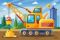 A yellow construction vehicle stands with a crane in the background at a work site, Construction crane Customizable Cartoon Royalty Free Stock Photo