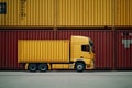 Yellow Container Truck Cargo Freight extreme closeup. Generative AI