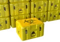 Yellow contaminated medical biohazard box awaiting disposal isolated over white background