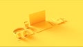 Yellow Contemporary Hot Desk Office Setup with Laptop Mobile Phone Notepads Pens Magazine Calculator an Bull clips Royalty Free Stock Photo