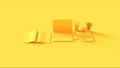 Yellow Contemporary Hot Desk Office Setup with Laptop Mobile Phone Notepads Pens Magazine Calculator an Bull clips Royalty Free Stock Photo