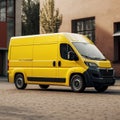 Yellow Contemporary Unbranded Mock up EV Minibus in summer city. Generative AI.