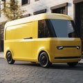 Yellow Contemporary Unbranded Mock up EV Minibus in summer city. Generative AI.