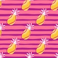 Yellow contoured seamless pattern with doodle pineapples shapes. Pink striped background. Simple style