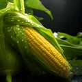 Yellow corn cob in Green Leaf, raindrops of water. Corn as a dish of thanksgiving for the harvest Royalty Free Stock Photo