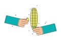 Yellow corn cob in human hand on white background. Fingers keep corn grain. Organic vegetable for eating. Flat line art style. Royalty Free Stock Photo