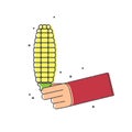 Yellow corn cob in human hand on white background. Organic vegetable for eating. Flat illustration on white background. Line art Royalty Free Stock Photo