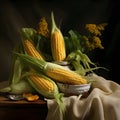 Yellow corn cob in the leaf on a nice material around the flowers. Corn as a dish of thanksgiving for the harvest