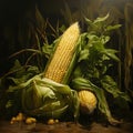 Yellow corn cobs against a background of Green leaf plants, water running off them. Corn as a dish of thanksgiving for the harvest