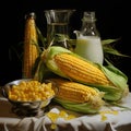 Yellow corn cobs in green leaf with kernels around milk containers black background. Corn as a dish of thanksgiving for the