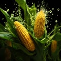 Yellow corn cobs on green plants, drops of water falling black background. Corn as a dish of thanksgiving for the harvest Royalty Free Stock Photo