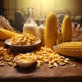 Yellow corn cobs on a wooden table two bottles of milk, corn kernels. Corn as a dish of thanksgiving for the harvest Royalty Free Stock Photo