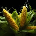 Is yellow corn in green Leaves all around drops of water, black background. Corn as a dish of thanksgiving for the harvest Royalty Free Stock Photo