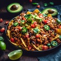 Yellow corn nacho chips decorated with ground beef, guacamole, melted cheese, pepper and cilantro leaves in a plate on a Royalty Free Stock Photo