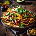 Yellow corn nacho chips decorated with ground beef, guacamole, melted cheese, pepper and cilantro leaves in a plate on a Royalty Free Stock Photo