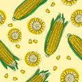 Yellow corncobs with green leaves seamless pattern. Ripe corn vegetables. Vector illustration.