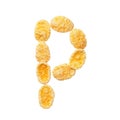 Yellow cornflakes letter P isolated on white background. Alphabet cereal flakes. Royalty Free Stock Photo